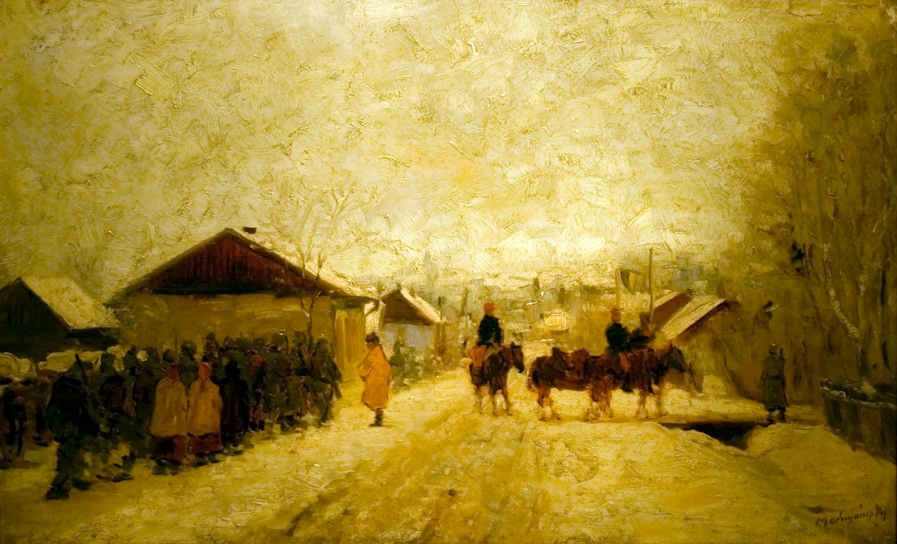 Soldaten marschieren in Winterlandschaft von Laszlo Mednyanszky