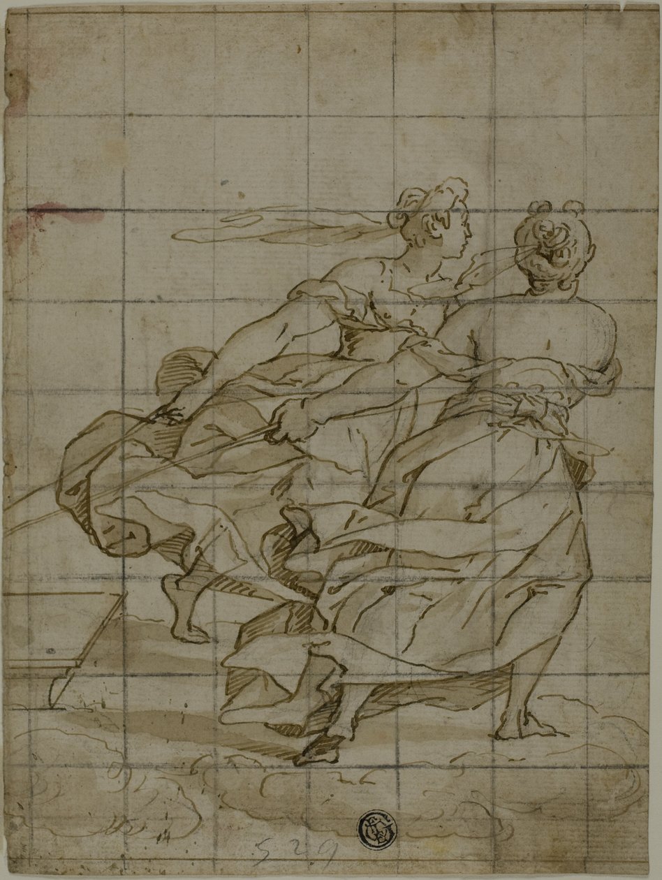 Zwei Frauen auf Wolken, die eine Last ziehen von Lazzaro Tavarone