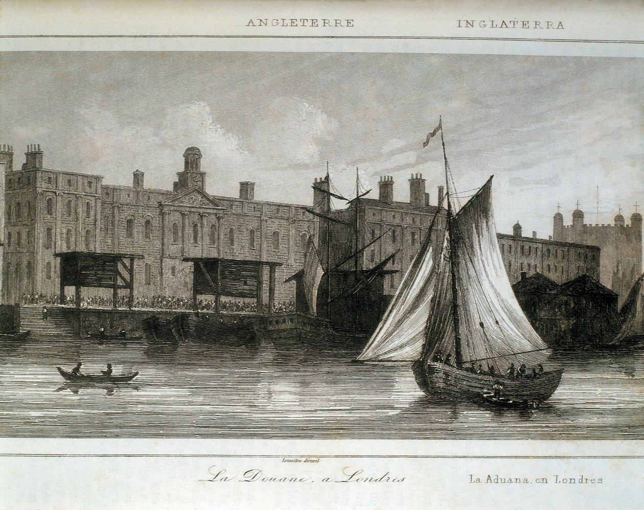 Londoner Zoll am Fluss Themse, England (Gravur) von Lemaitre