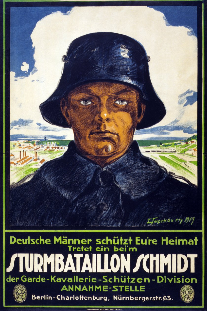 Deutsches Rekrutierungsplakat Sturmbataillon Schmidt; Deutsche Männer schützt Eure Heimat! Tretet ein beim ?, veröffentlicht 1919 von Leo Impekoven