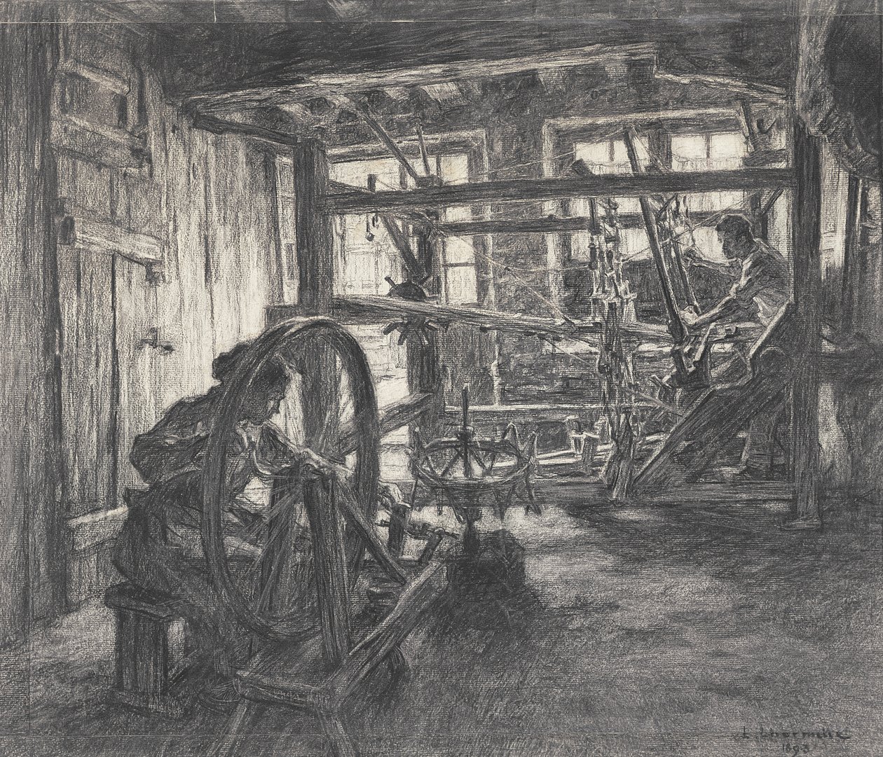 Die Werkstatt des Webers in Dinan oder, Der Weber und seine Frau, 1893 (Kohle auf Papier) von Leon Augustin Lhermitte