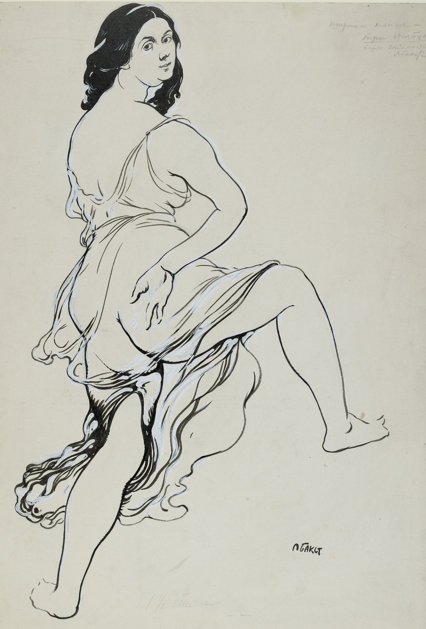 Porträt von Isadora Duncan beim Tanzen (Pinsel und indische Tinte über Spuren von Graphit, korrigiert in weißer Körperfarbe auf feinkörnigem, cremefarbenem Papier) von Leon Bakst