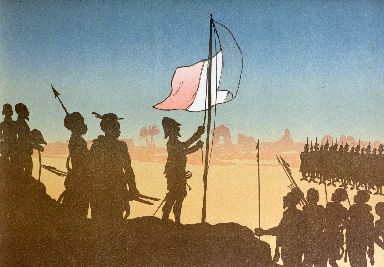 Schattenbild, das das Hissen der französischen Flagge in Fashoda im Jahr 1898 darstellt, 1900 von Leon Leroy