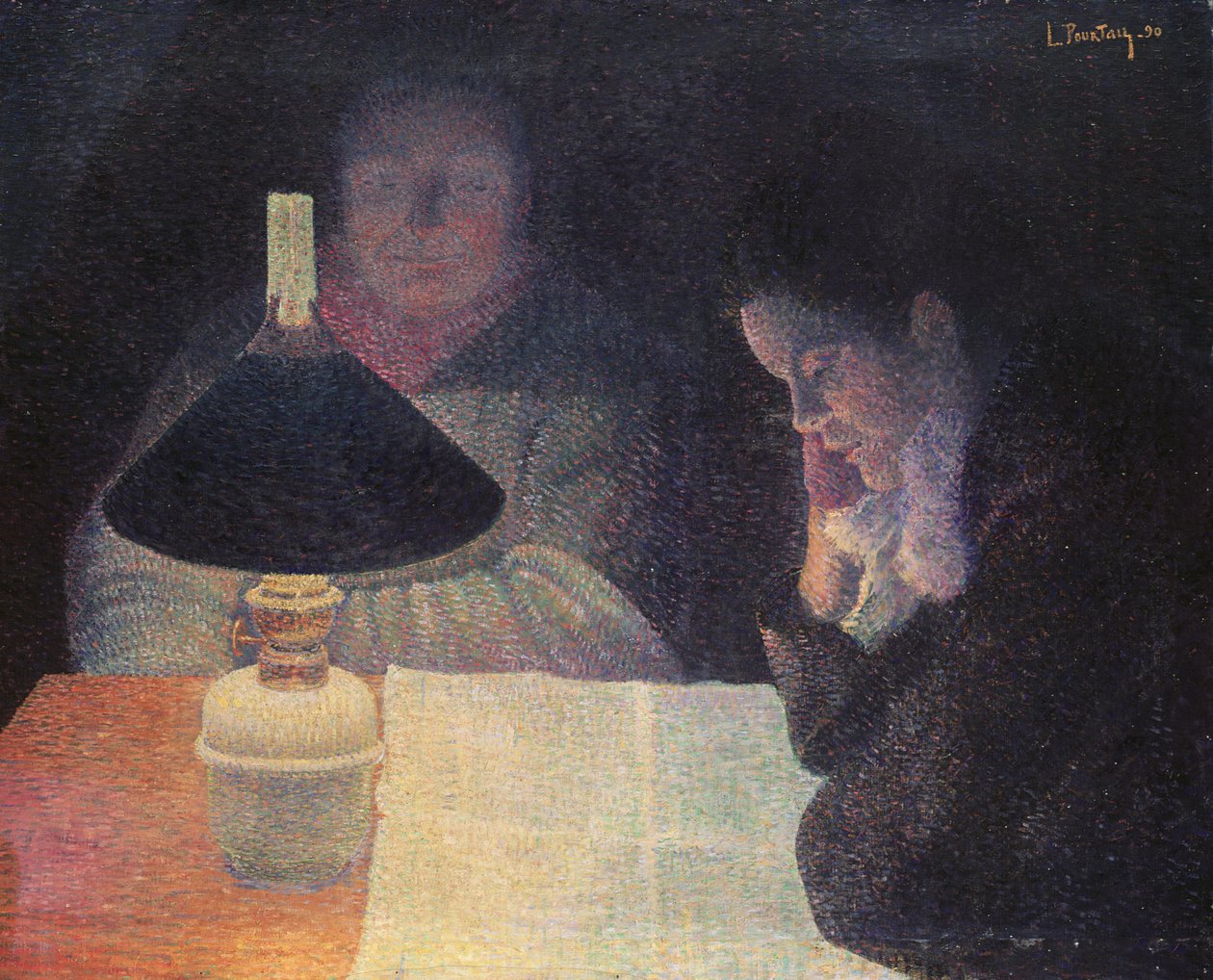 Lesen unter der Lampe, 1890 von Leon Pourtau