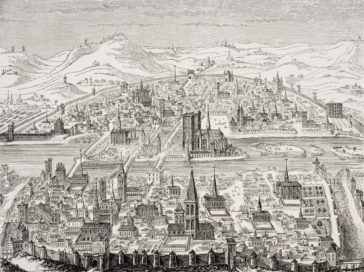 Faksimile einer Kupferplatte mit perspektivischer Ansicht von Paris im Jahr 1607 von Leonard after Gaultier