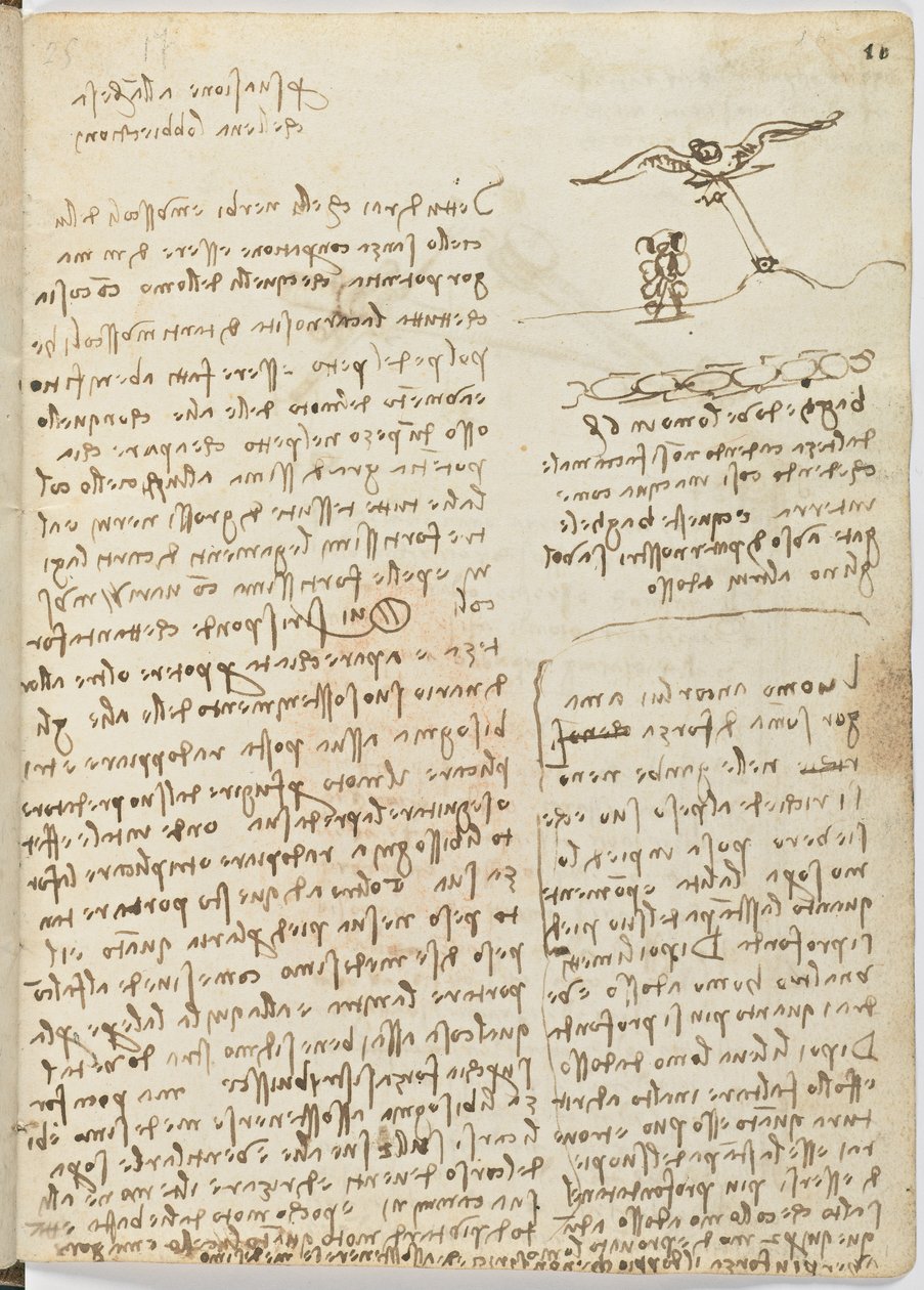 Flug der Vögel, c. 1505-06, Manuskript, Blatt 16 (recto) von Leonardo da Vinci
