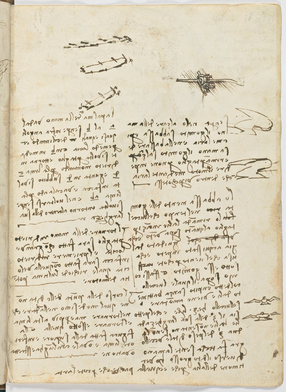 Flug der Vögel, c. 1505-06, Manuskript, Blatt 18 (recto) von Leonardo da Vinci