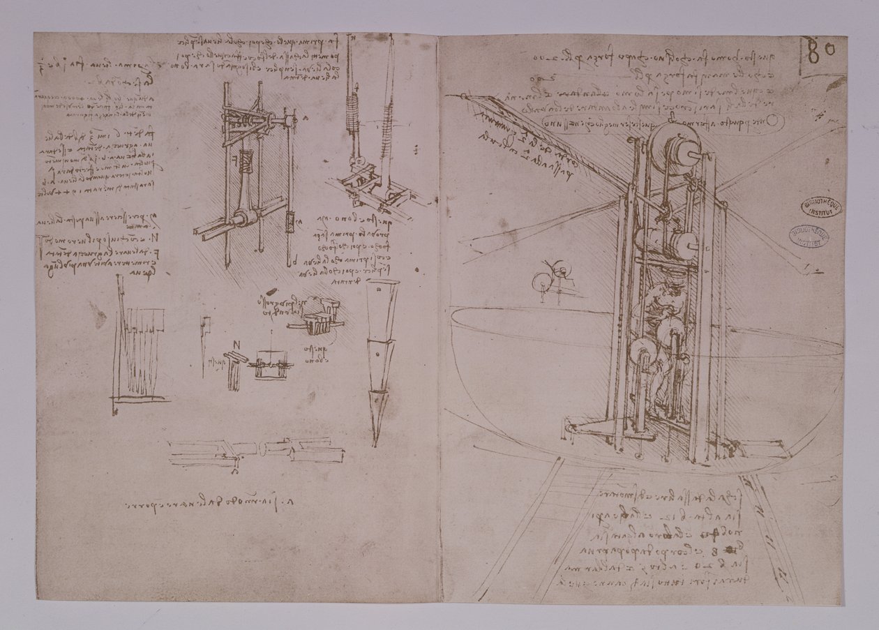 Vertikal stehende Vogelflügel-Flugmaschine, fol. 80r aus dem Pariser Manuskript B, 1488-90 (Feder und Tinte auf Papier) von Leonardo da Vinci