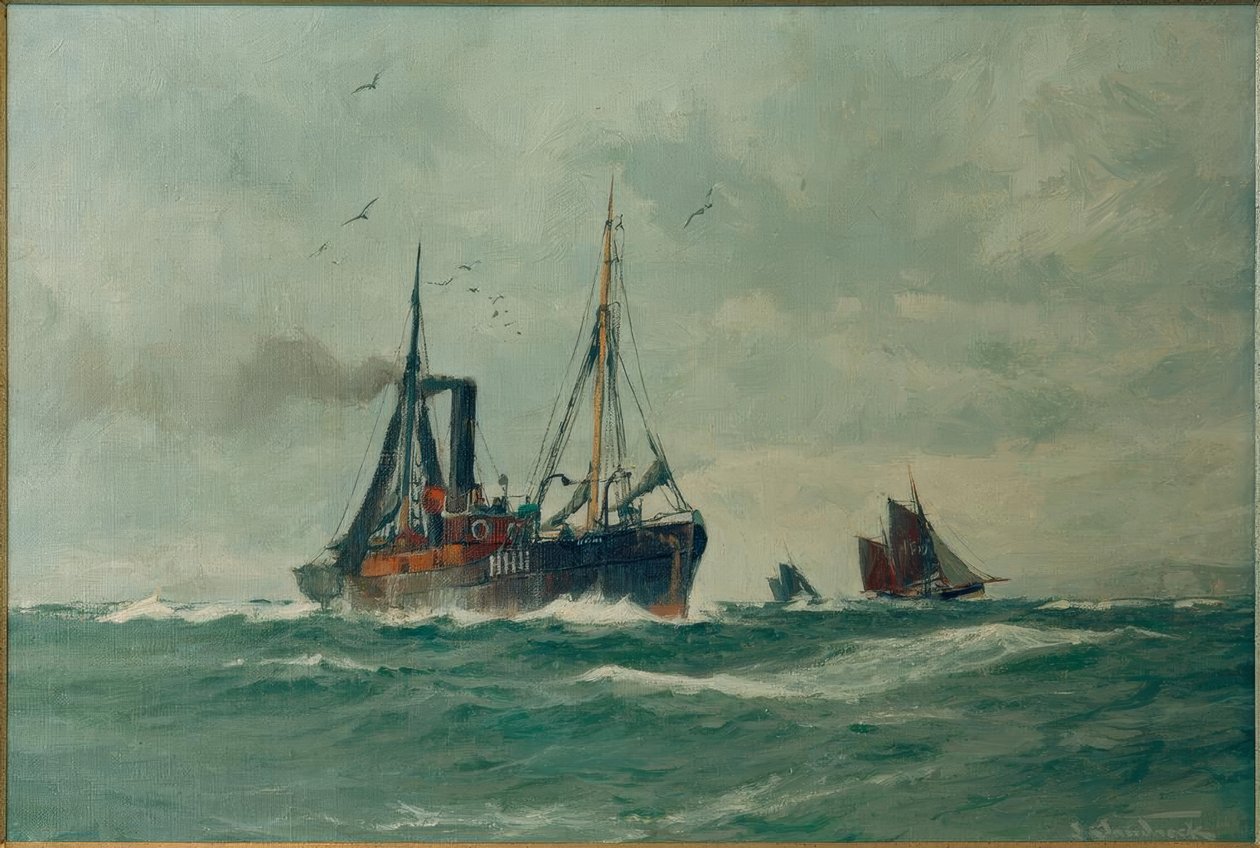 Fischdampfer und zwei Finkenwerder Ewer von Leonhard Sandrock