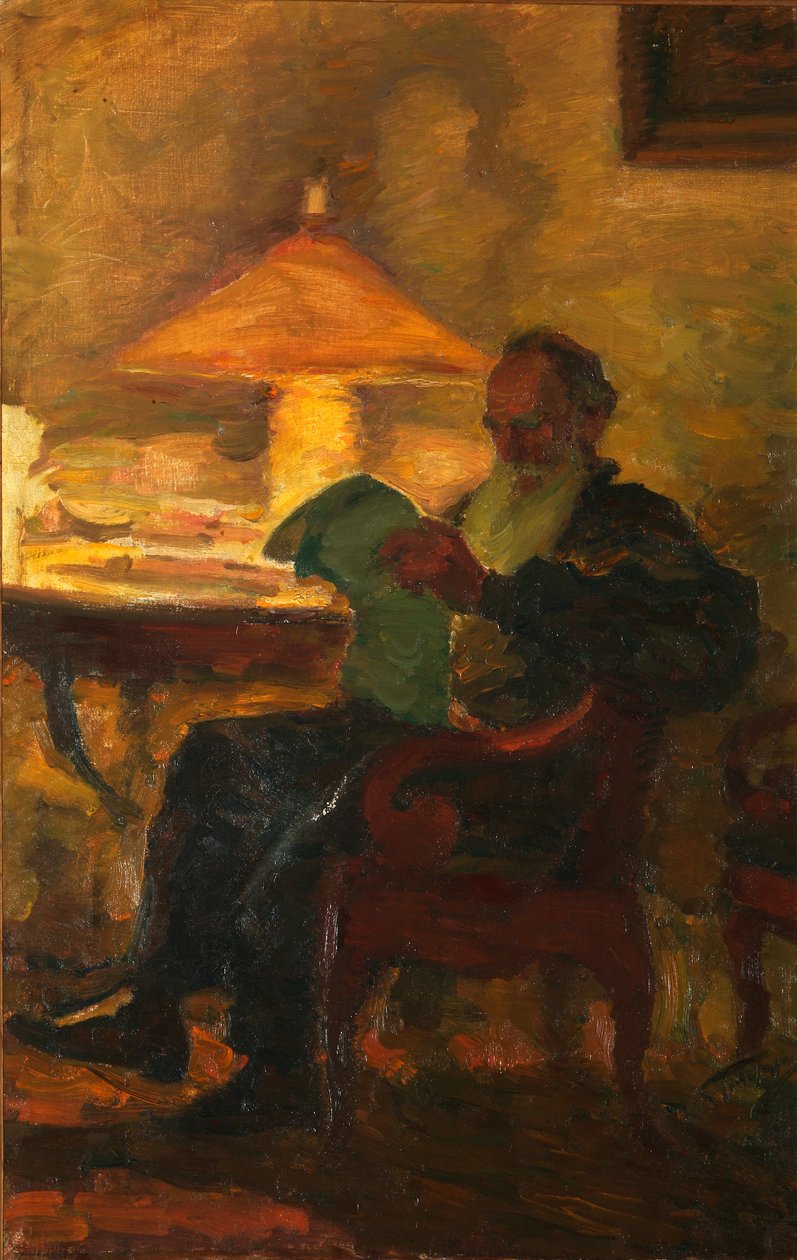 Leo Tolstoi mit einer Zeitung von Leonid Osipovic Pasternak