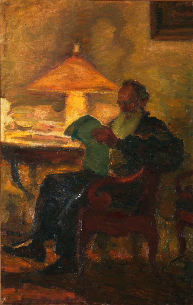 Leo Tolstoi mit einer Zeitung von Leonid Osipovich Pasternak