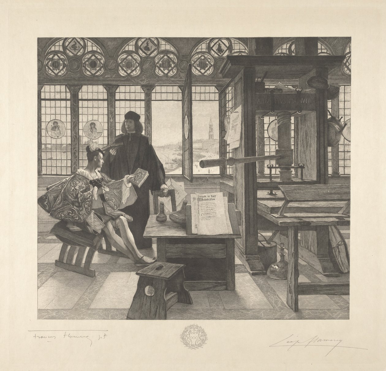 Grolier mit dem Drucker Aldus Manutius von Leopold Flameng