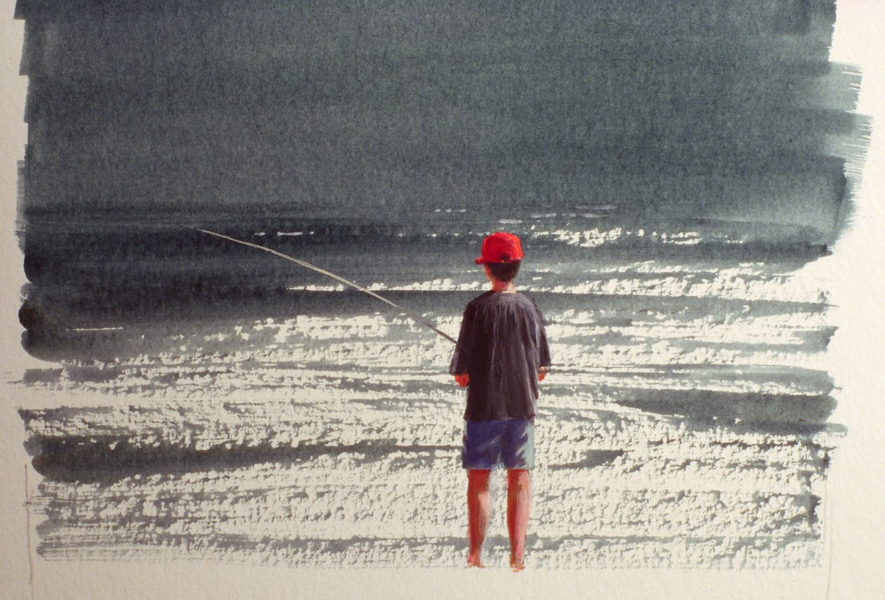 Henry beim Angeln, Alpen, 1990 von Lincoln Seligman