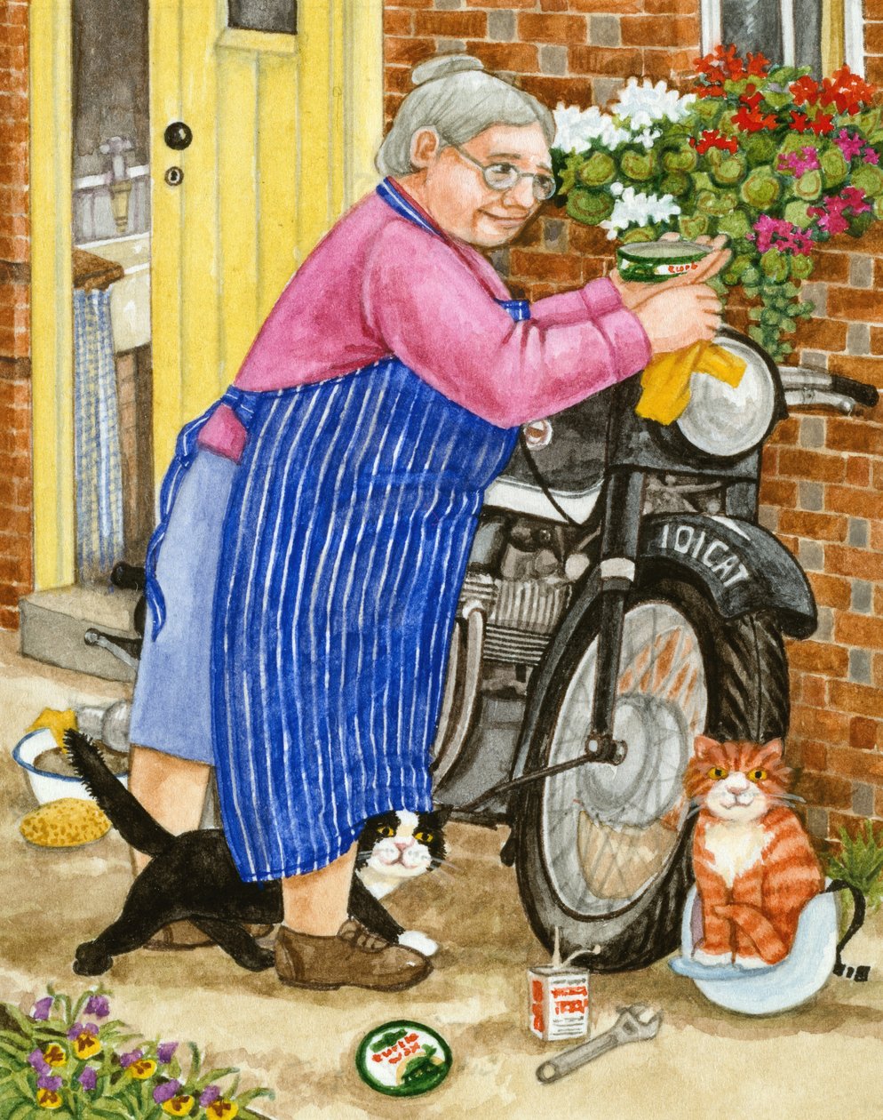 Großmutter und 2 Katzen und Motorrad von Linda Benton