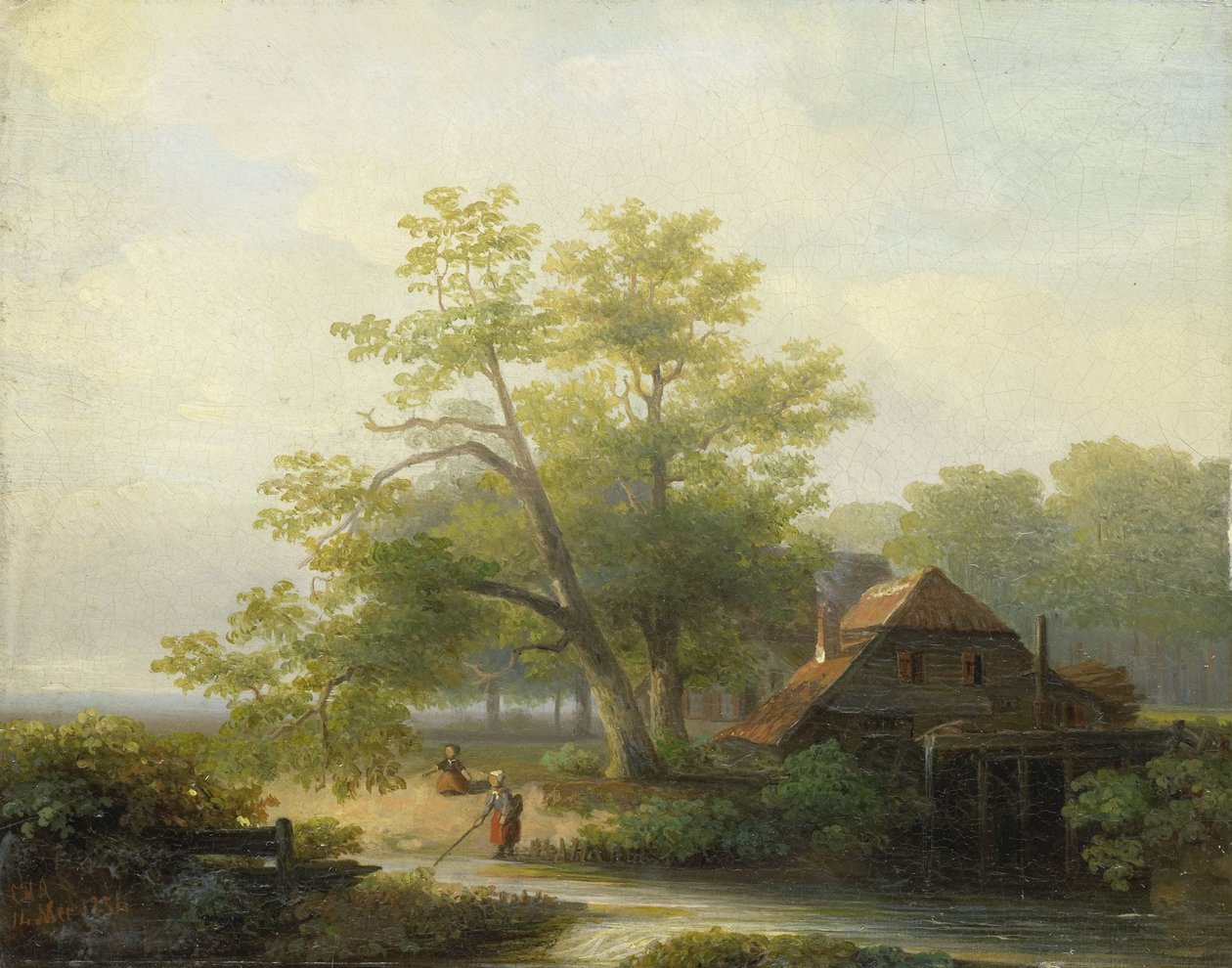 Eine Wassermühle in einer bewaldeten Landschaft von Lodewijk Hendrik Arends