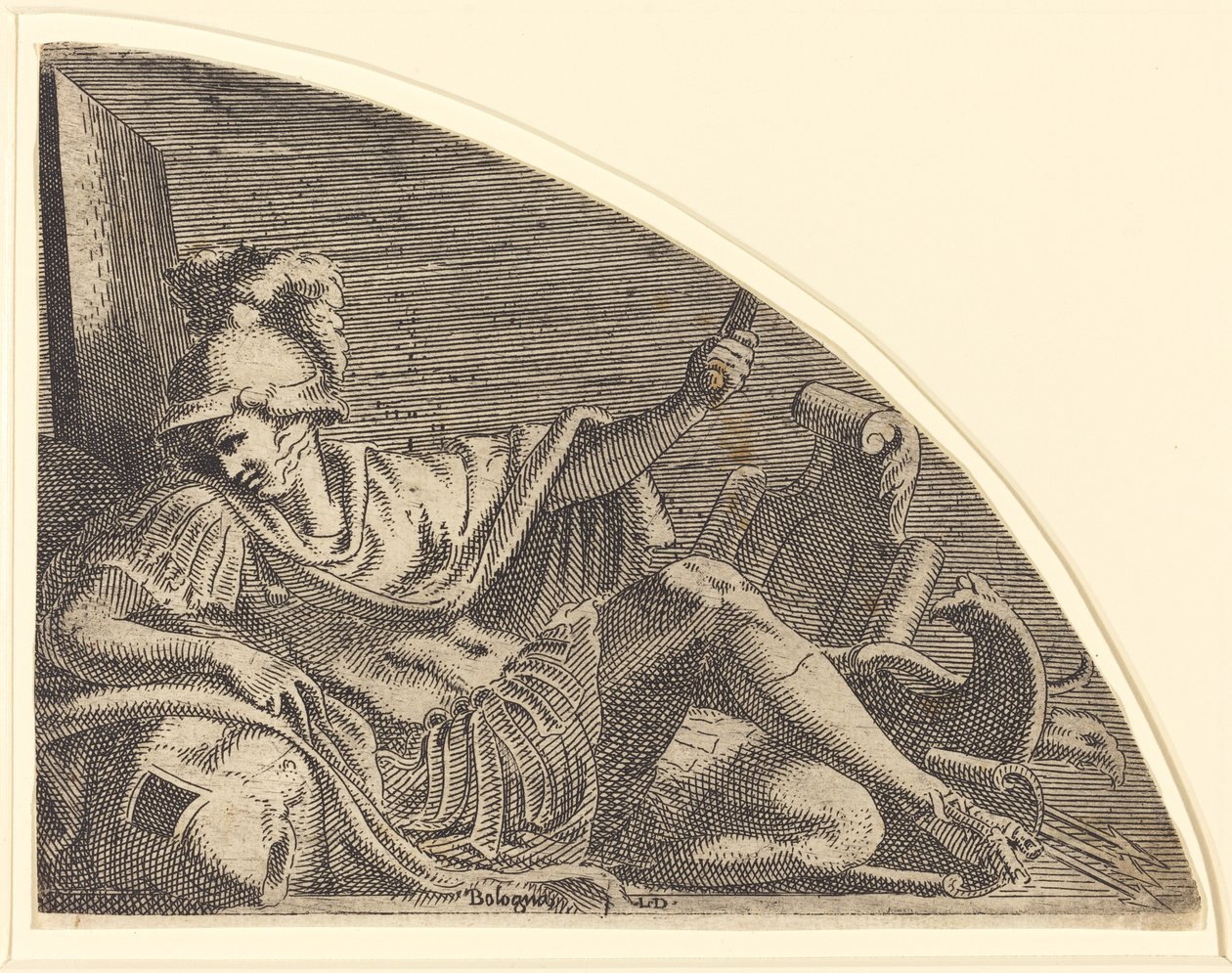 Mars sitzt auf Trophäen von Léon Davent after Francesco Primaticcio