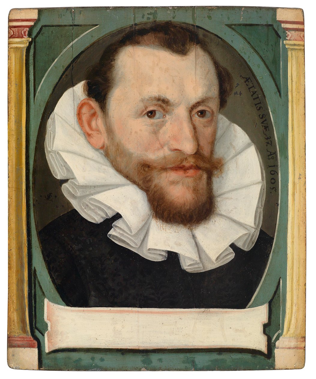 Brustbild eines Ratsherrn in schwarzem Wams mit weißer Halskrause von Lorenz Strauch