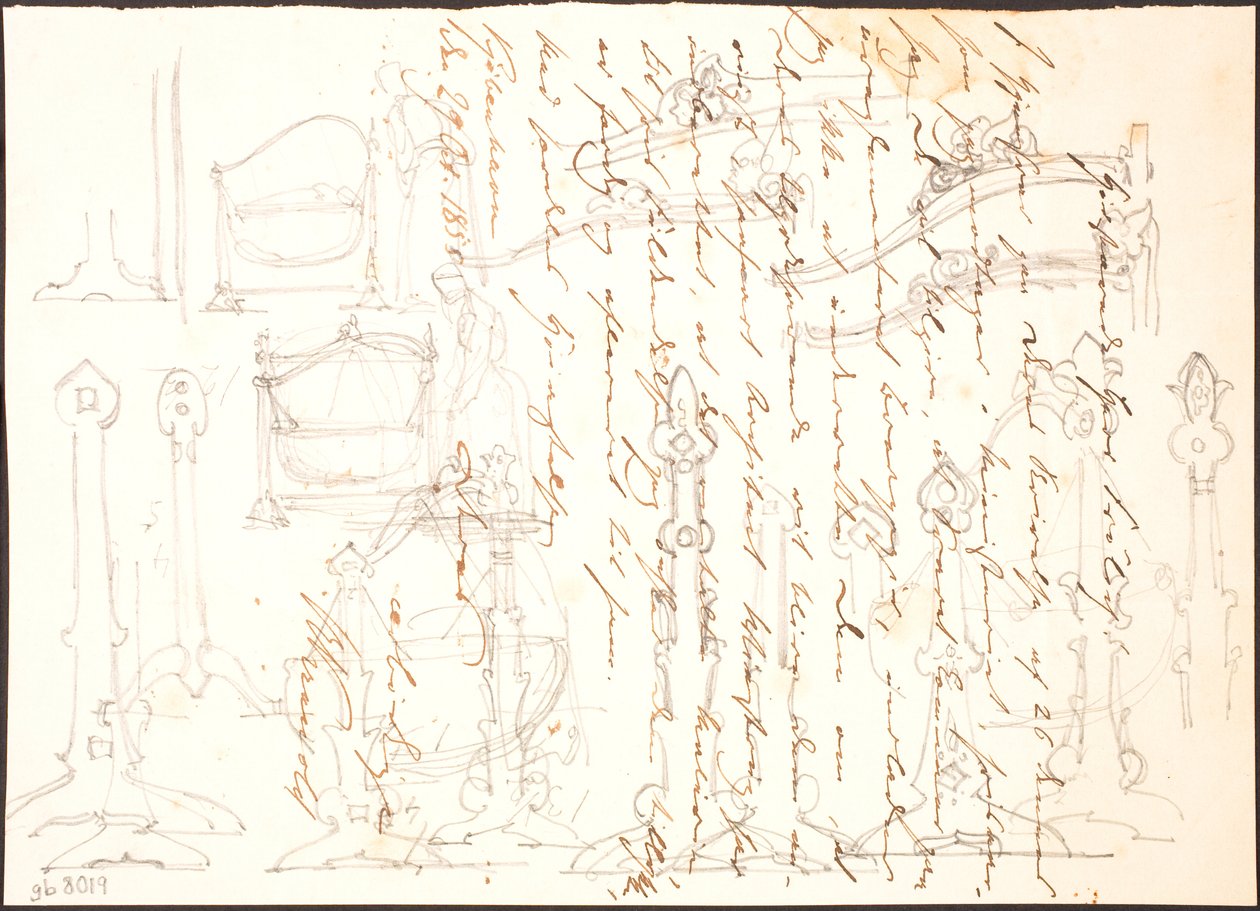 Möbelskizzen über einem Brief gezeichnet von Lorenz Frølich