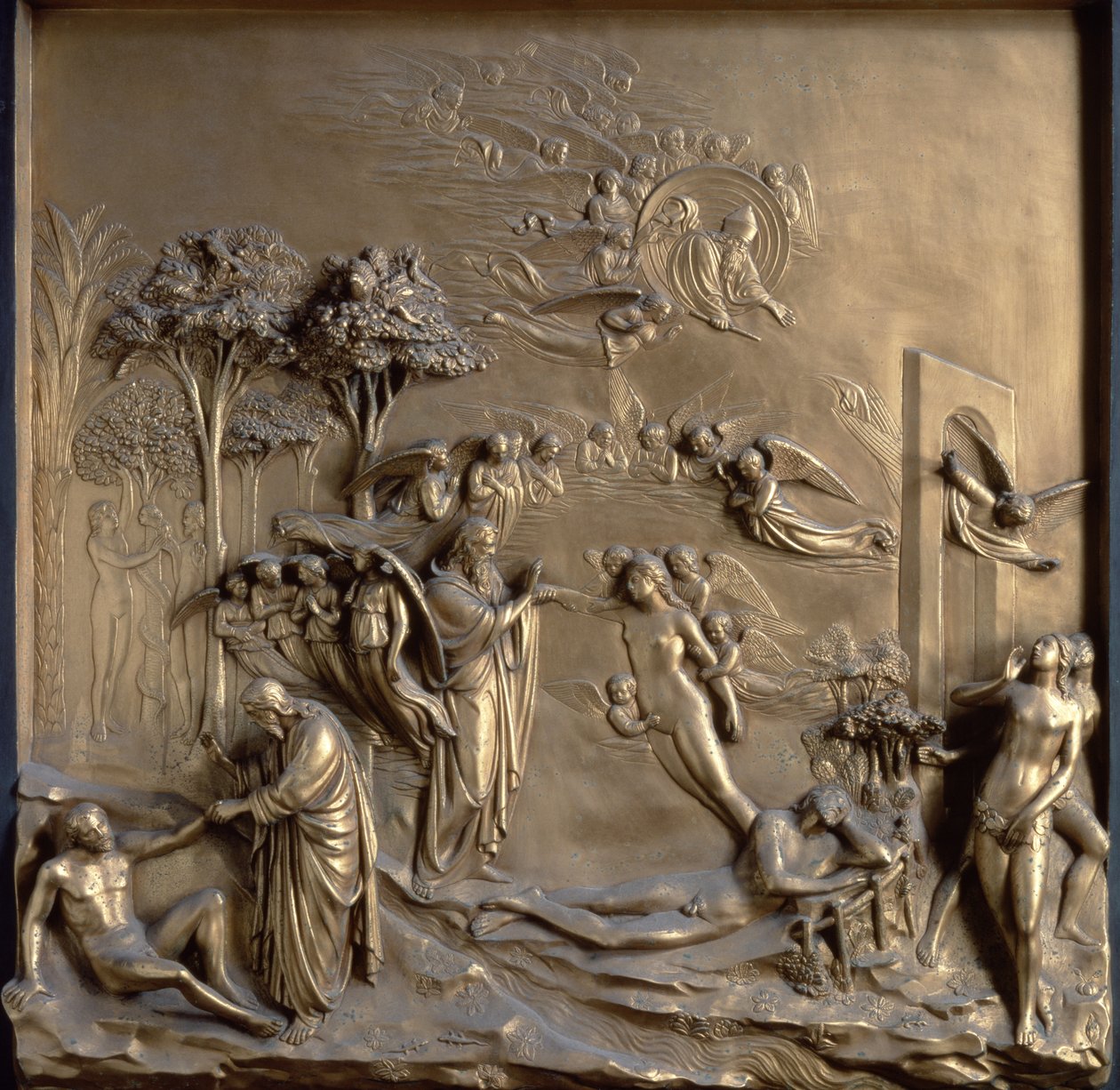 Die Geschichte von Adam: die Erschaffung von Adam und Eva, die Versuchung und die Vertreibung aus dem Garten, eines von zehn Reliefpanelen von den Paradiespforten (Osttüren) von Lorenzo Ghiberti, 1425 von Lorenzo Ghiberti