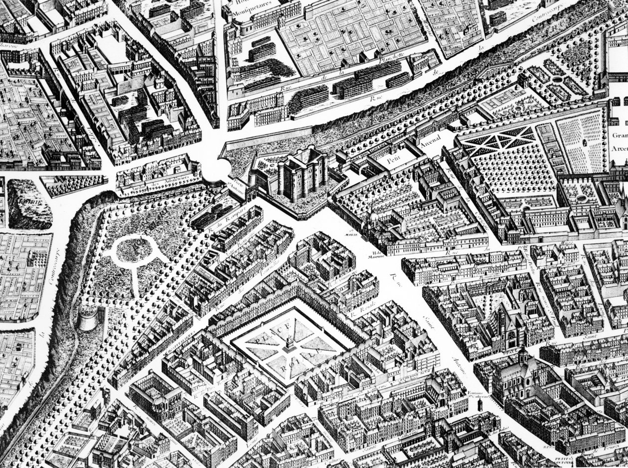 Die Bastille, der Place Royale (heute Place des Vosges) und die Rue Saint-Antoine (Detail) von Louis Bretez