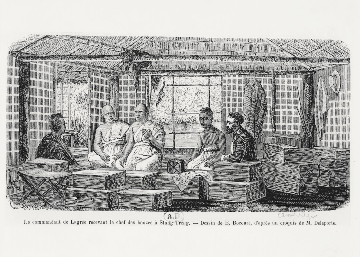 Kommandant Lagree empfängt den Obermönch in Stung Treng, Kambodscha, 1868 von Louis Delaporte