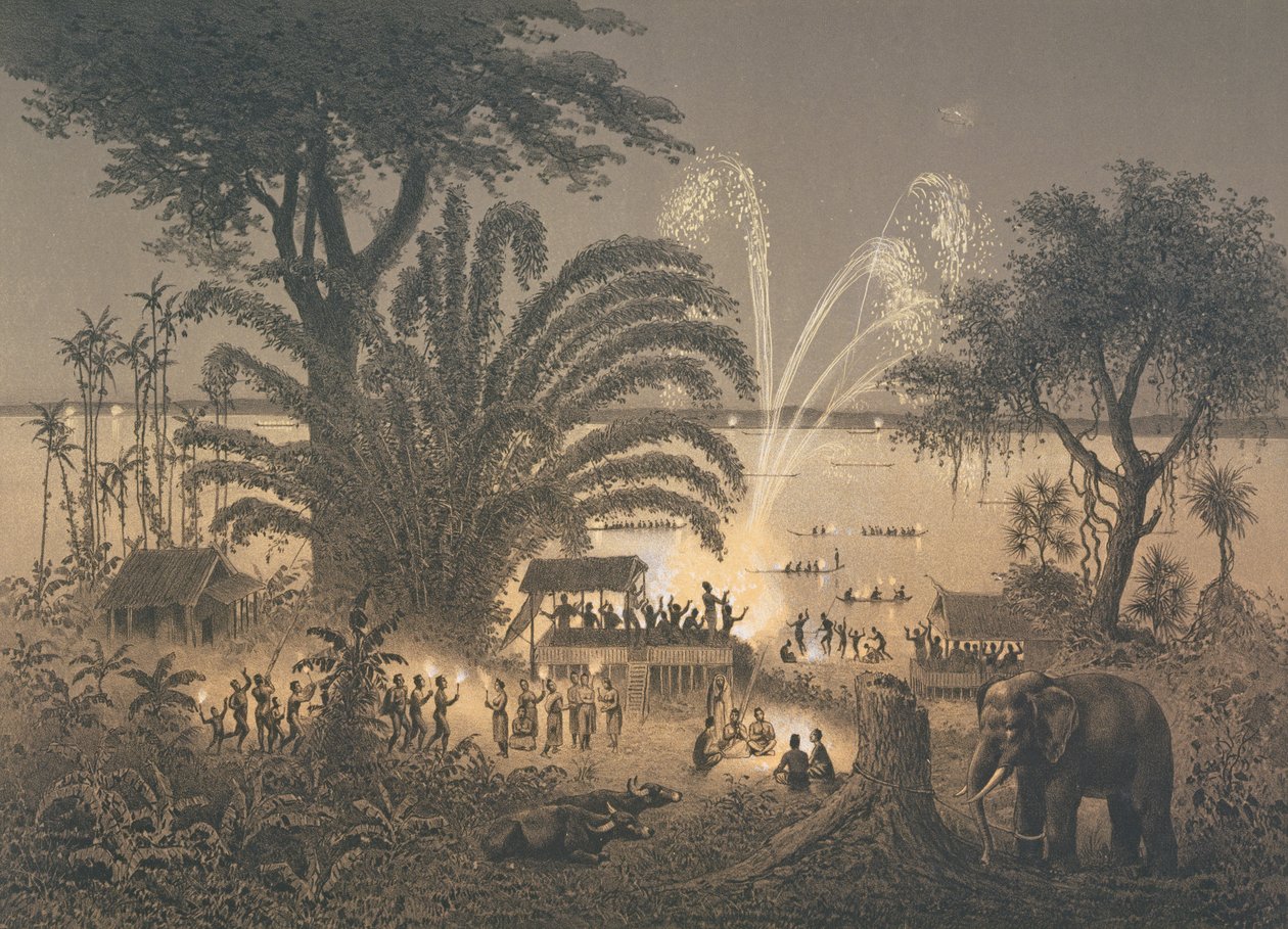 Feuerwerk auf dem Fluss bei Feierlichkeiten in Bassac, Illustration aus 