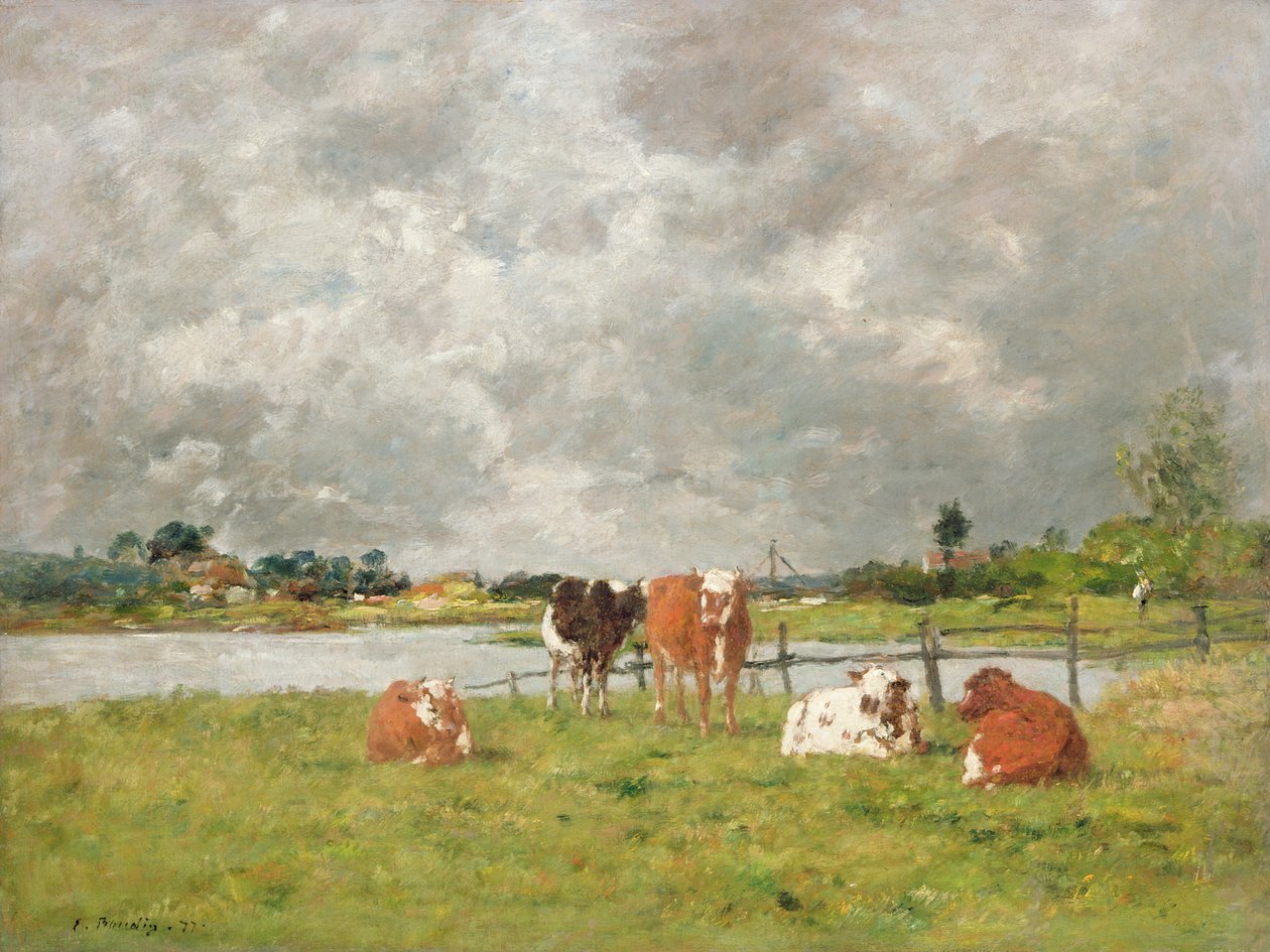 Kühe auf einem Feld unter einem stürmischen Himmel, 1877 von Eugene Louis Boudin