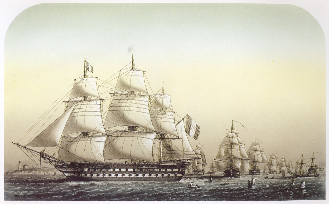 Das französische Geschwader segelt vor dem Großen Belt. Das Flaggschiff Inflexible ist im Vordergrund zu sehen und führt das Geschwader an von Louis Le Breton