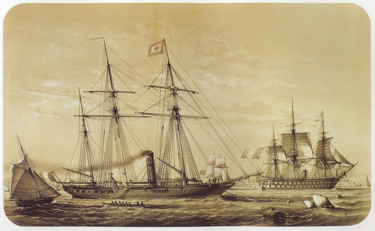 Die Reine Hortense, kaiserliche Yacht von Napoleon III. Das Linienschiff Austerlitz ist im Hintergrund zu sehen von Louis Le Breton