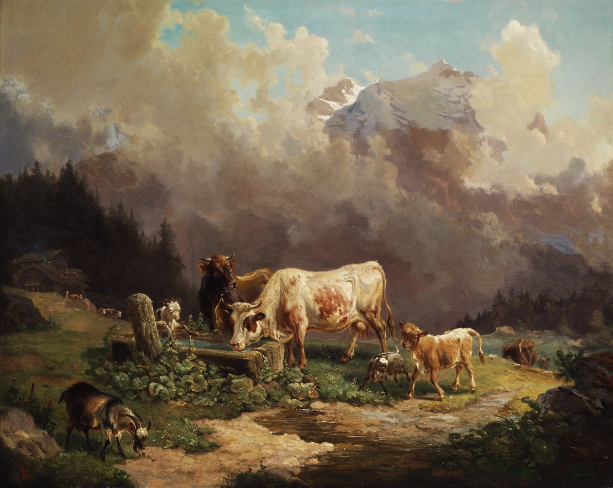 Vieh im Hochgebirge an der Tränke von Louis Reinhardt