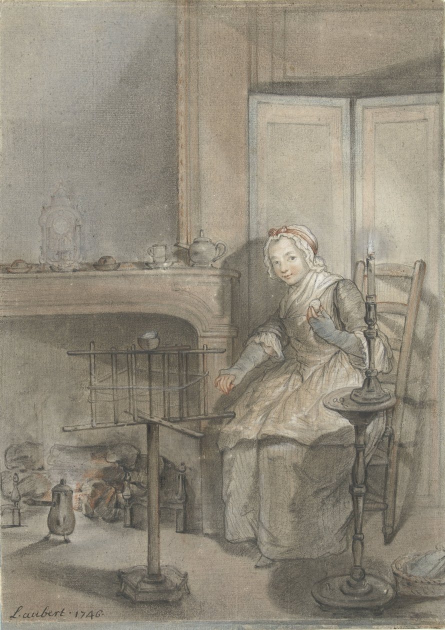 Innenraum mit einer jungen Frau, die Wolle spinnt von Louis Aubert