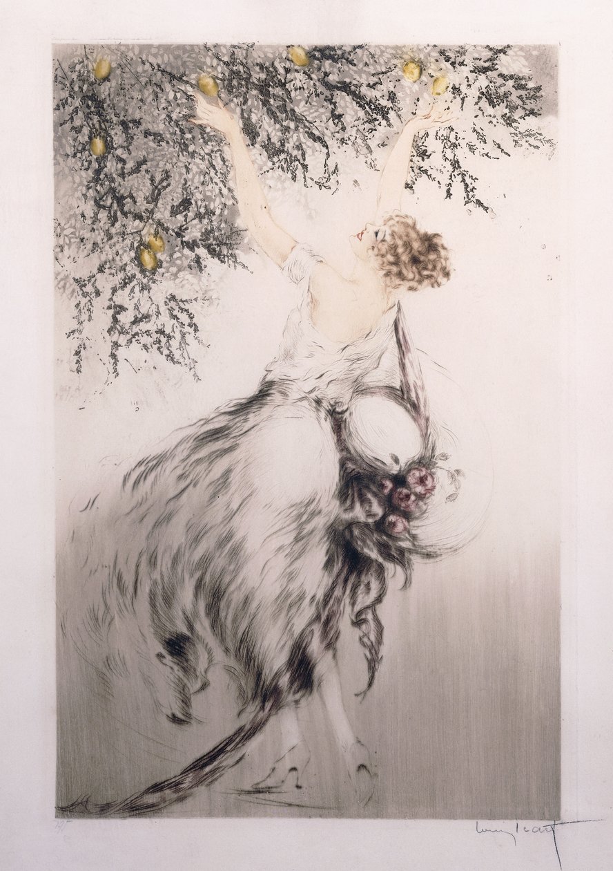 Mädchen pflückt Zitronen von Louis Icart
