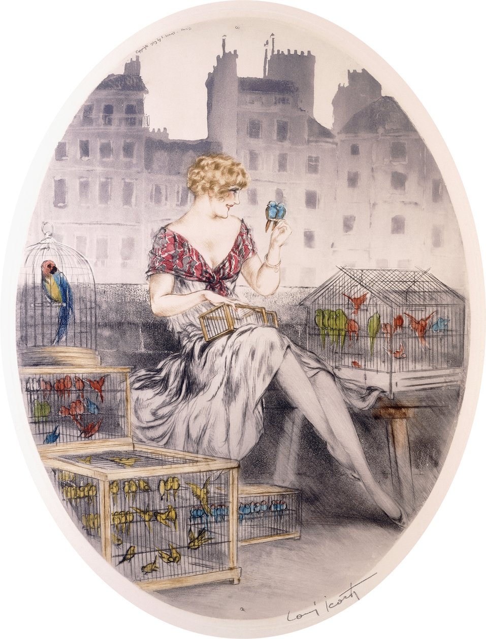 Mädchen mit Wellensittichen, ca. 1920er-30er Jahre von Louis Icart