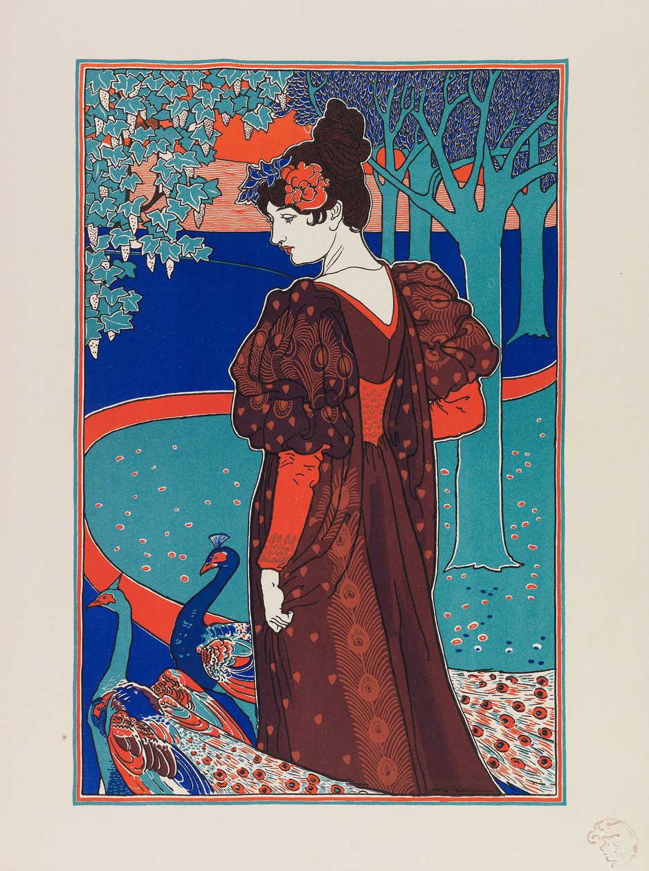 Frau mit Pfauen, ca. 1897 von Louis John Rhead