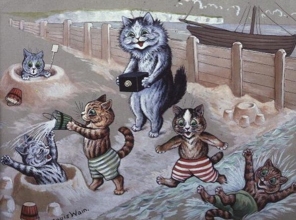 Katzen baden im Meer von Louis Wain