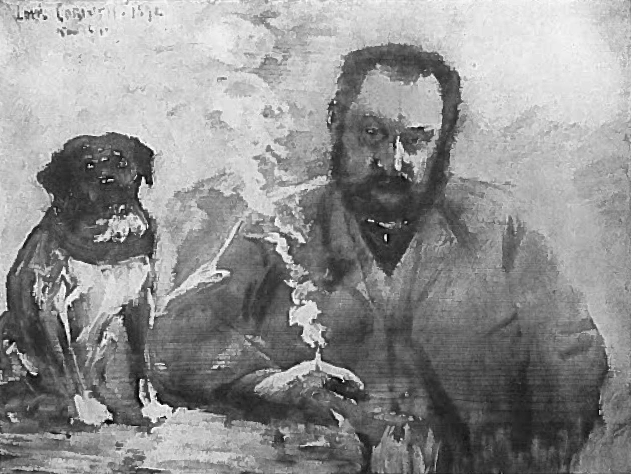 Herr am Tisch mit Hund von Lovis Corinth