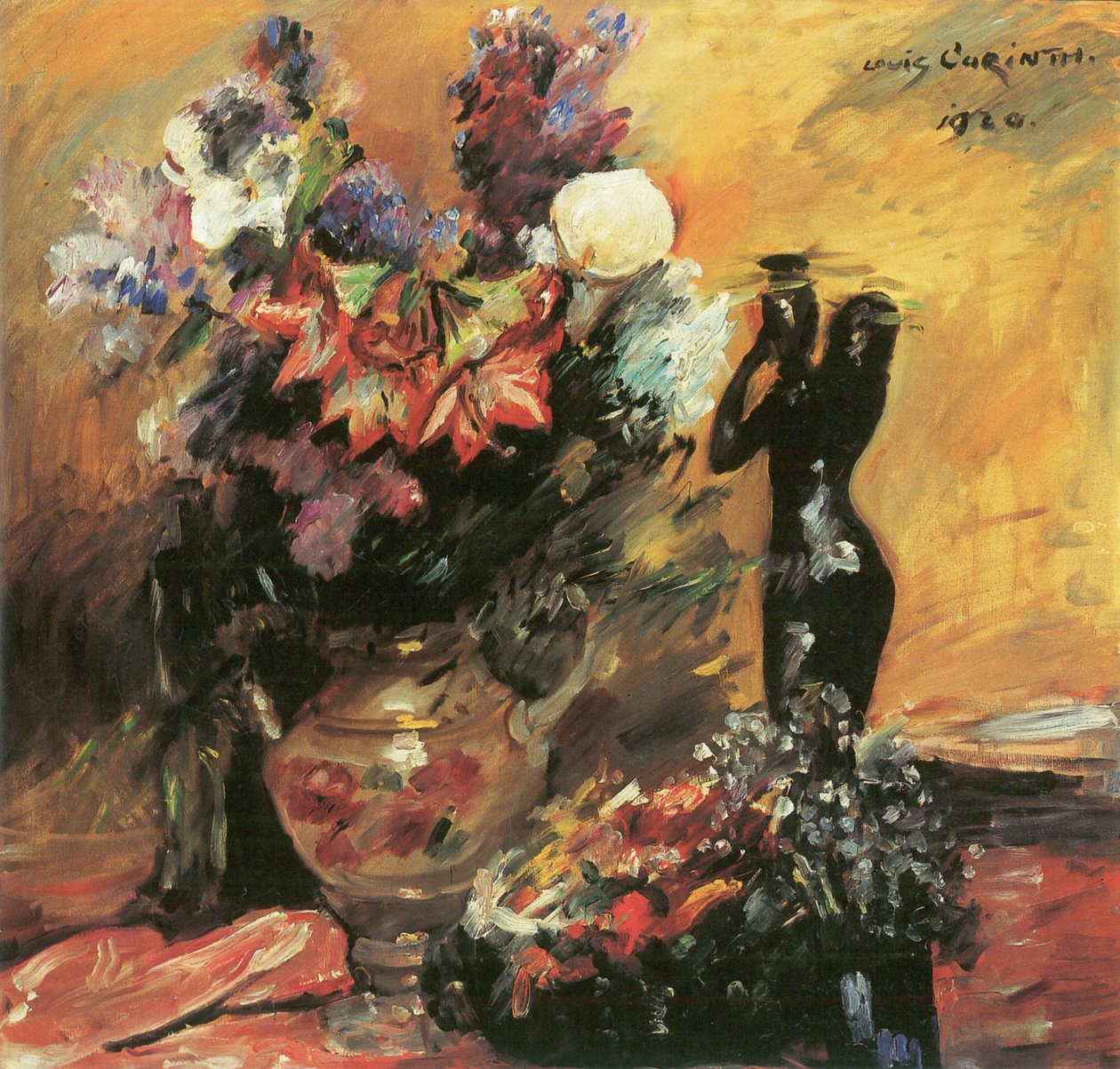 Kalla und Flieder mit Bronzefigur von Lovis Corinth