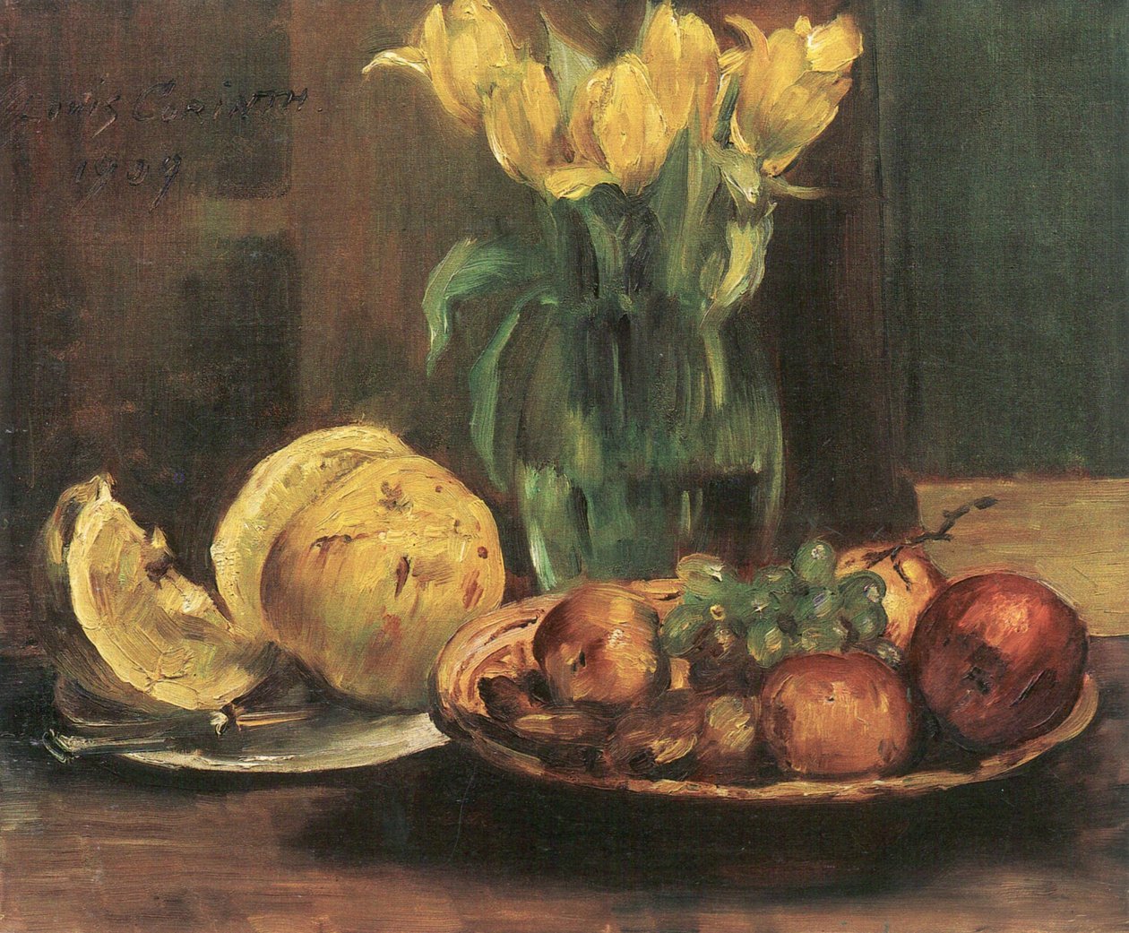 Stillleben mit gelben Tulpen, Äpfeln und Grapefruit von Lovis Corinth