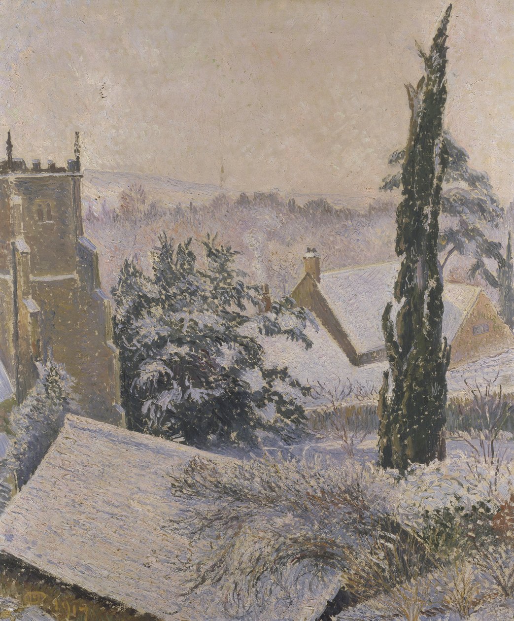 East Knoyle Kirche: Schnee, 1917 von Lucien Pissarro