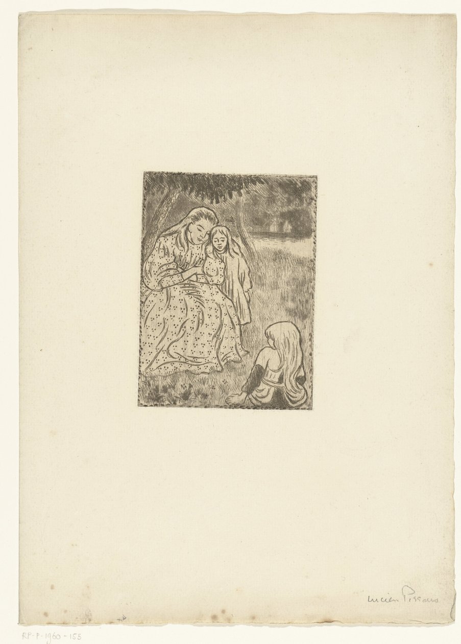 Frau mit zwei Mädchen auf einer Wiese von Lucien Pissarro