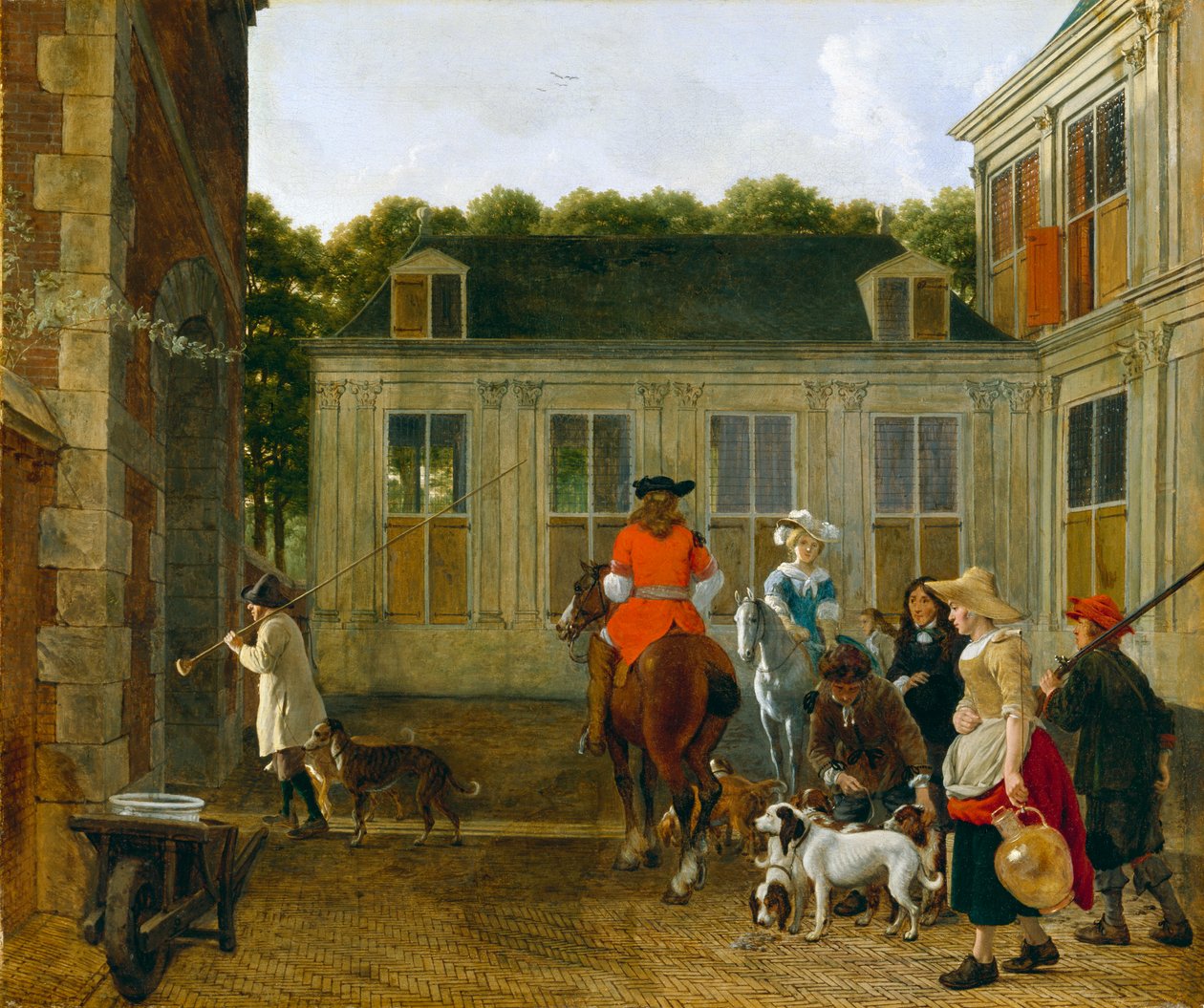 Jagdgesellschaft im Hof eines Landhauses, ca. 1665 von Ludolf de Jongh