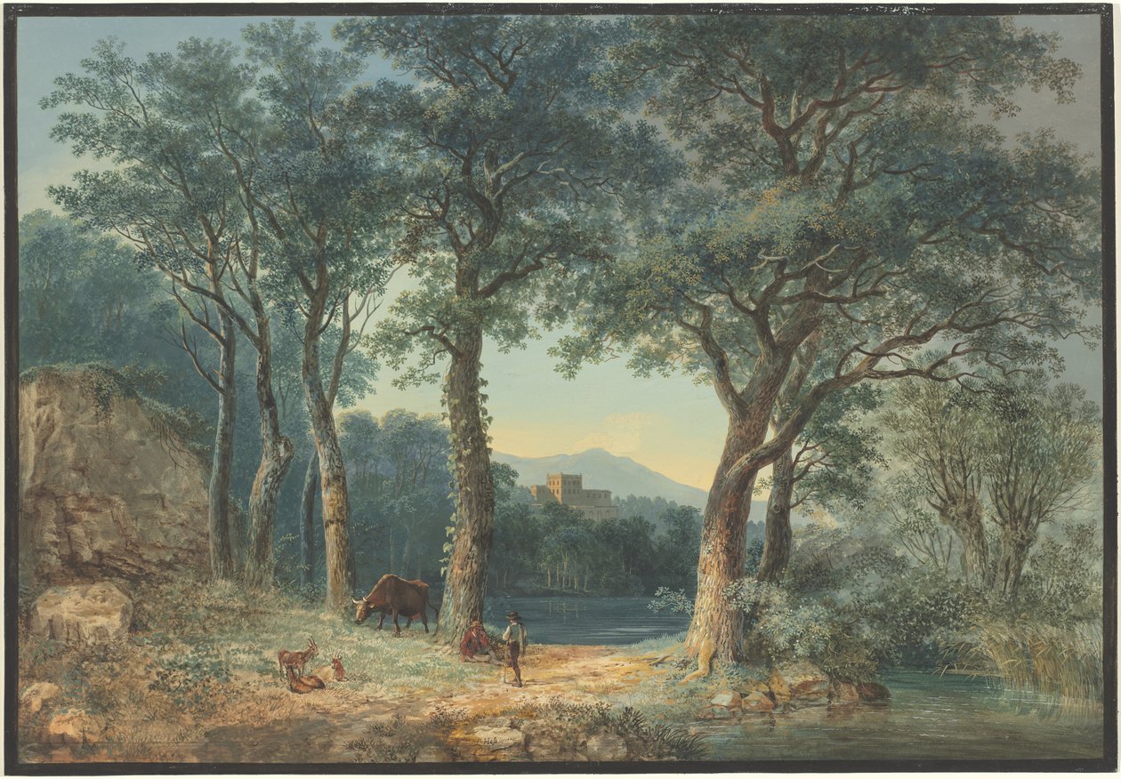 Ein bewaldeter Seeufer mit einer italienischen Villa von Ludwig Hess