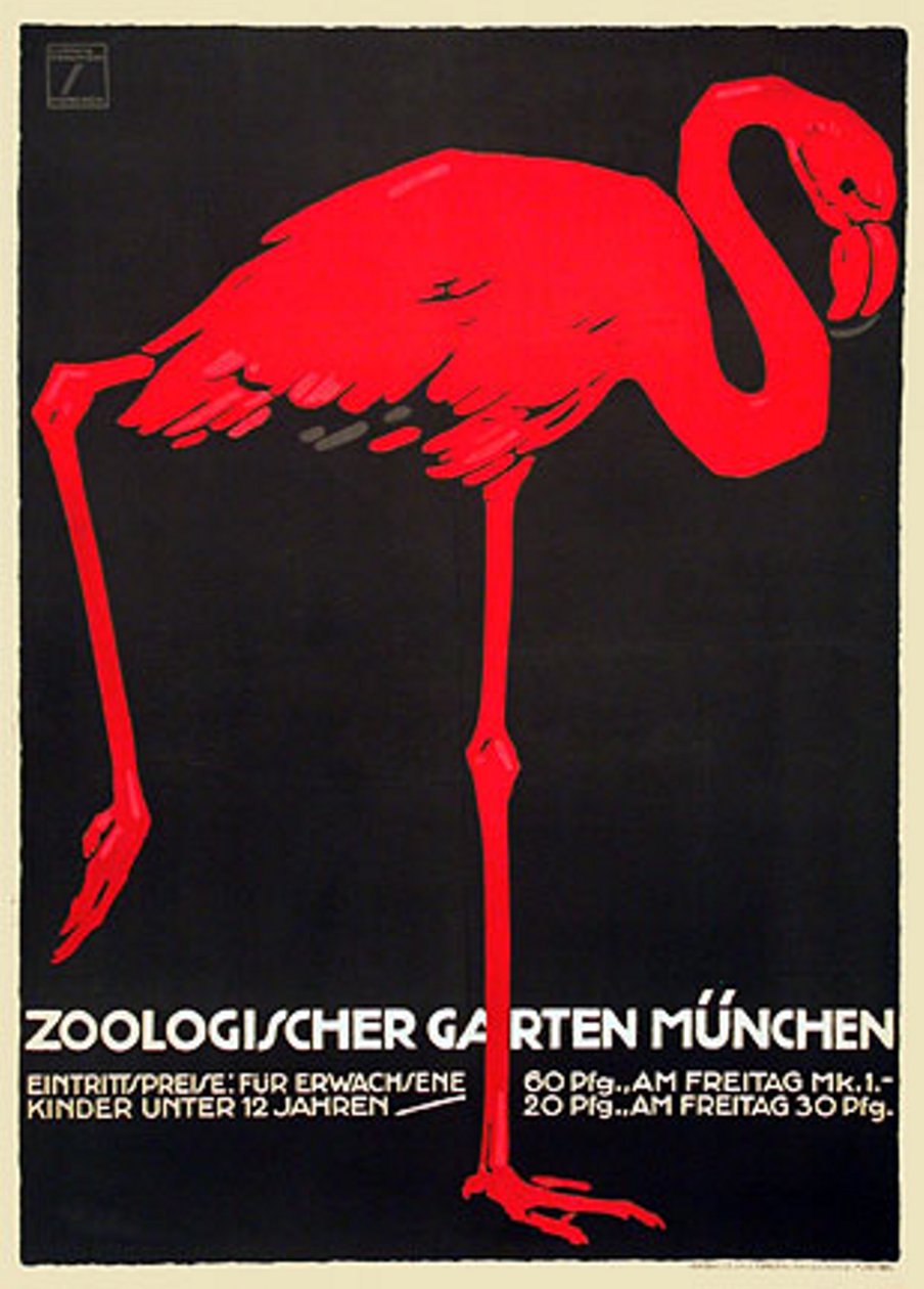 Zoo-Poster mit einem roten Flamingo von Ludwig Hohlwein