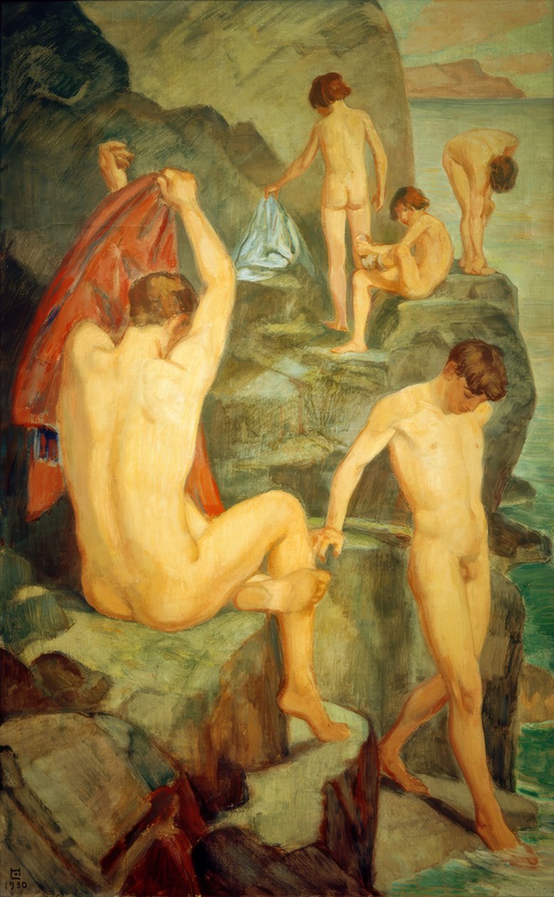 Badende am schwarzen Felsen von Ludwig von Hofmann