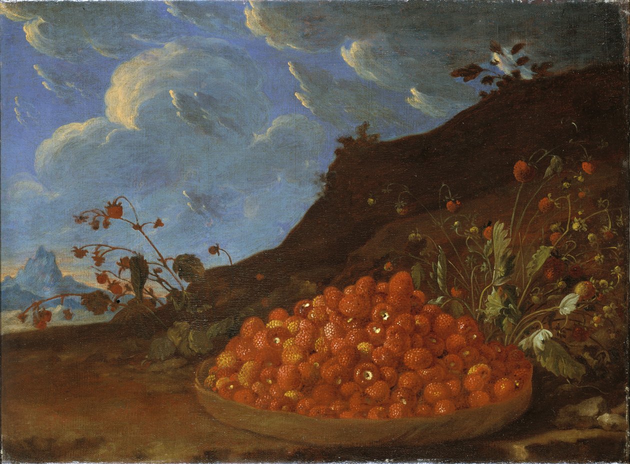 Korb mit wilden Erdbeeren in einer Landschaft von Luis Menendez or Melendez