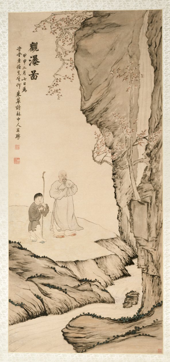 Gelehrter beobachtet den Wasserfall, 1764 von Luo Ping