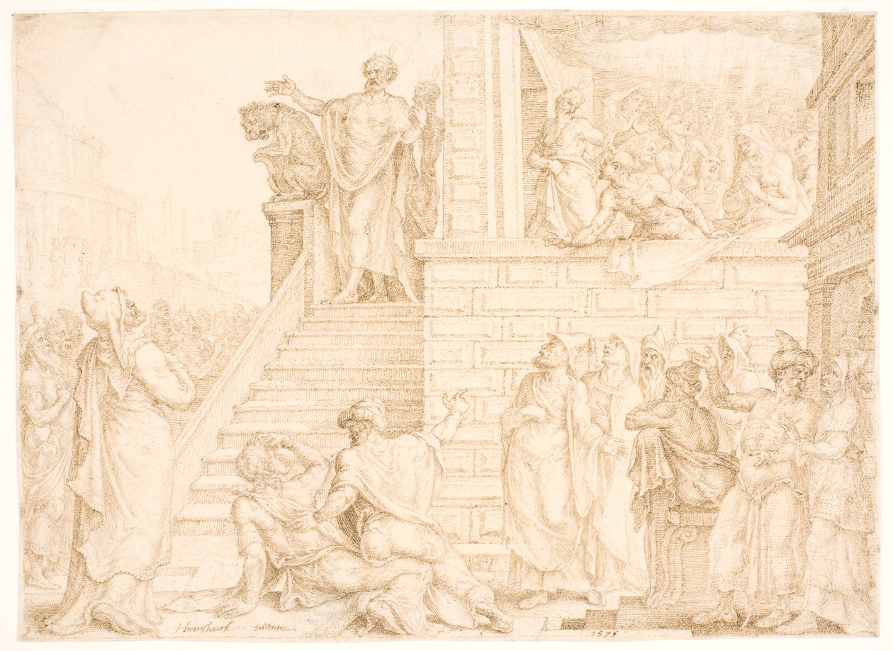 Peter predigt in Jerusalem von Maarten van Heemskerck