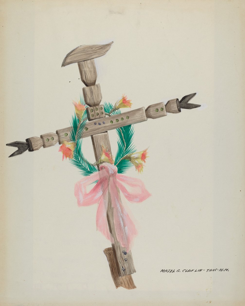 Geschnitztes Kreuz - Grab, ca. 1937 von Majel G. Claflin