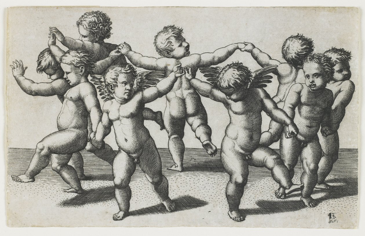 Zwei Cupidos führen Kinder in einem Tanz, ca. 1517-1520 von Marcantonio Raimondi
