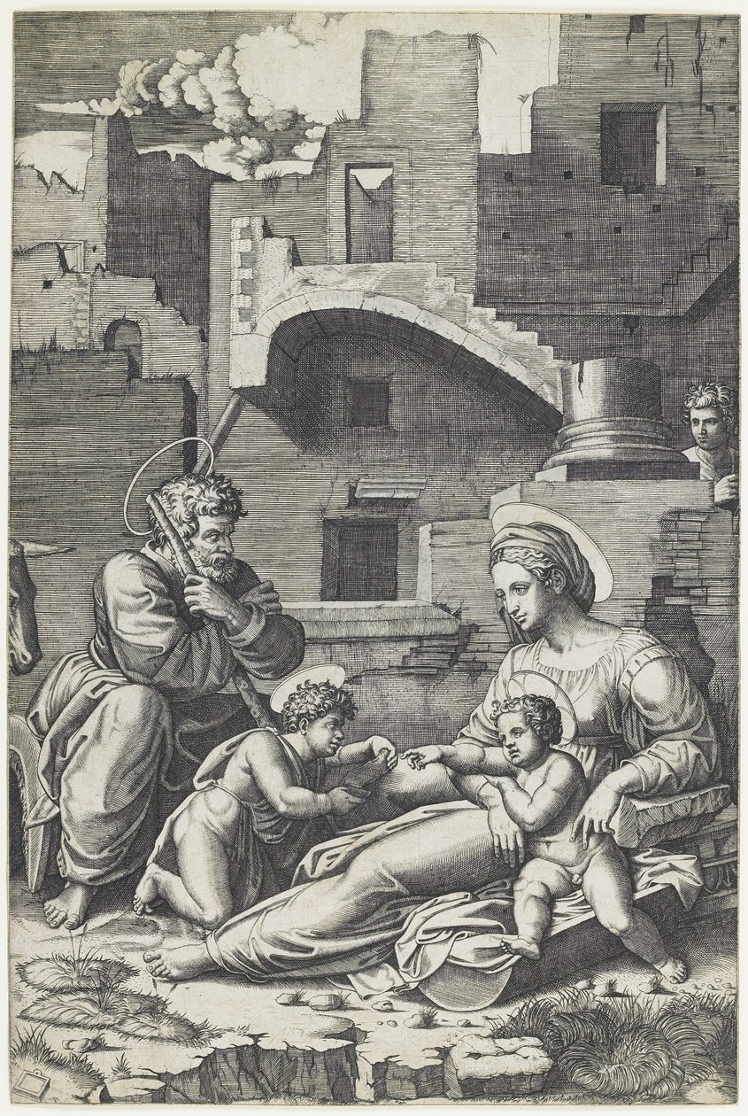 Jungfrau mit dem langen Oberschenkel, um 1520-1525 von Marcantonio Raimondi